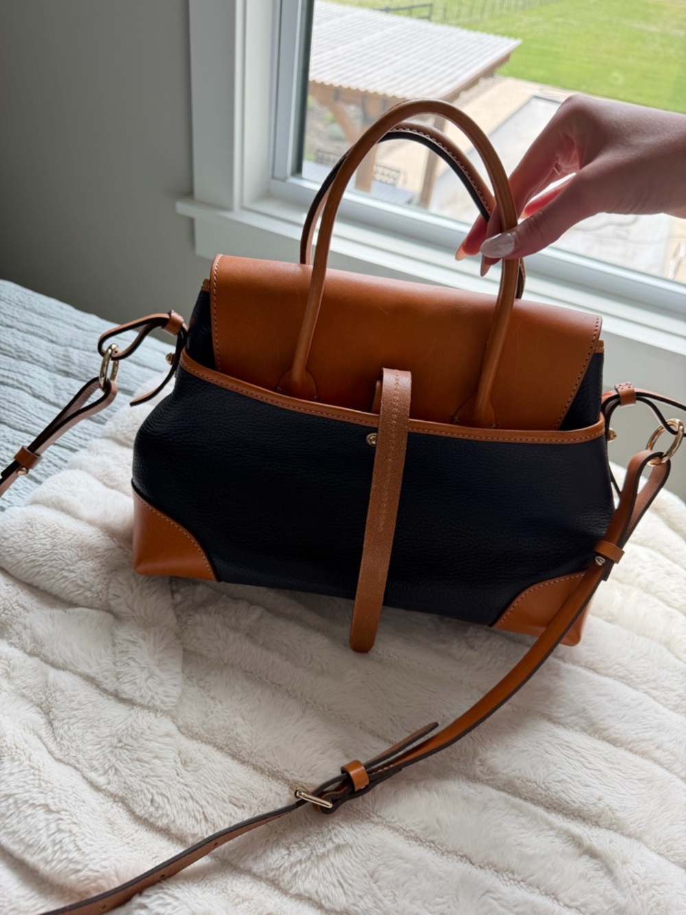 Dooney & Bourke Navy and Tan Leather Satchel - Picture 3 of 4